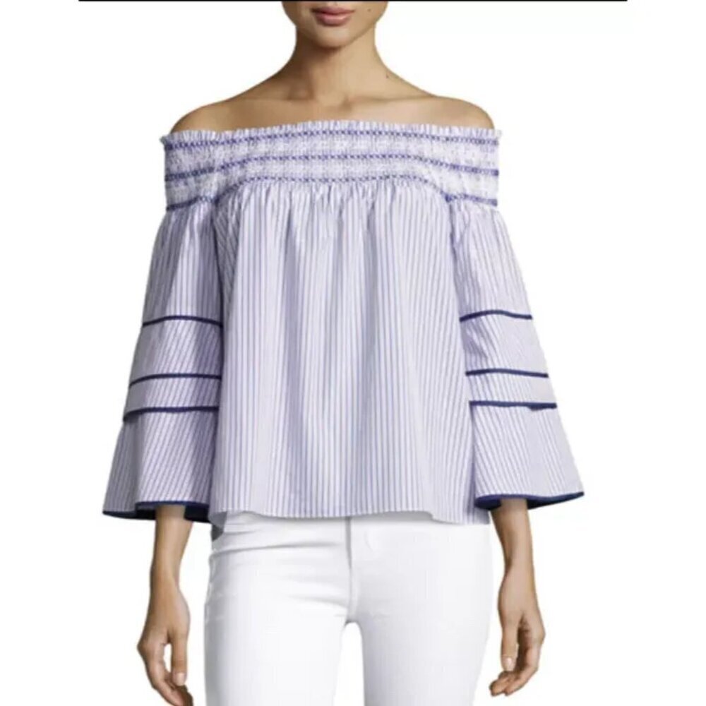 Parker Largo Striped Off Shoulder Blouse 100% Cotton Blue Red Stripes Size Small